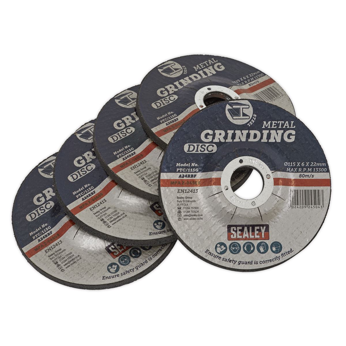 Sealey PTC/115G5 Grinding Disc Ø115 x 6mm Ø22mm Bore - Pack of 5