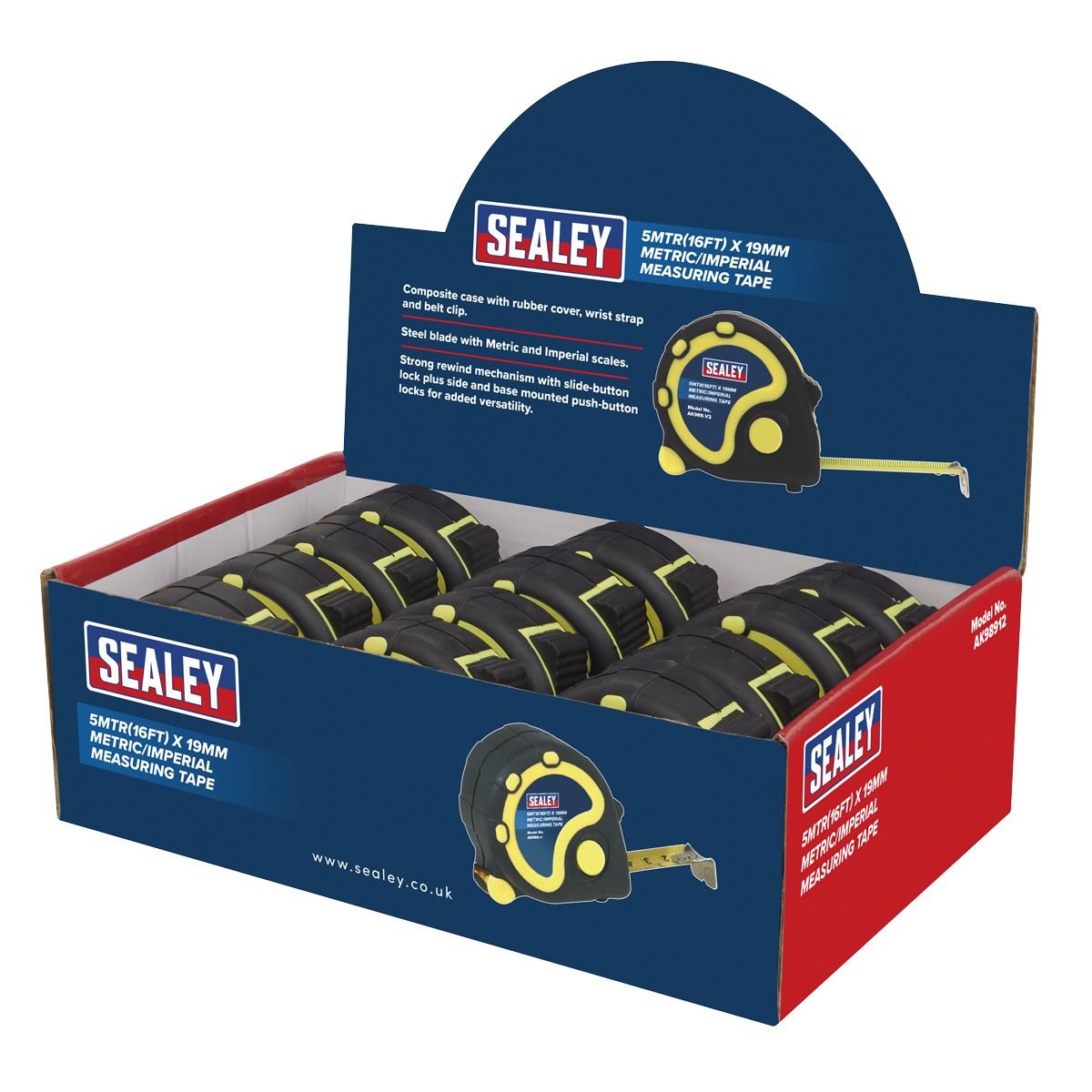 Sealey AK98912 Rubber Tape Measure 5m(16ft) x 19mm Metric/Imperial Display Box of 12