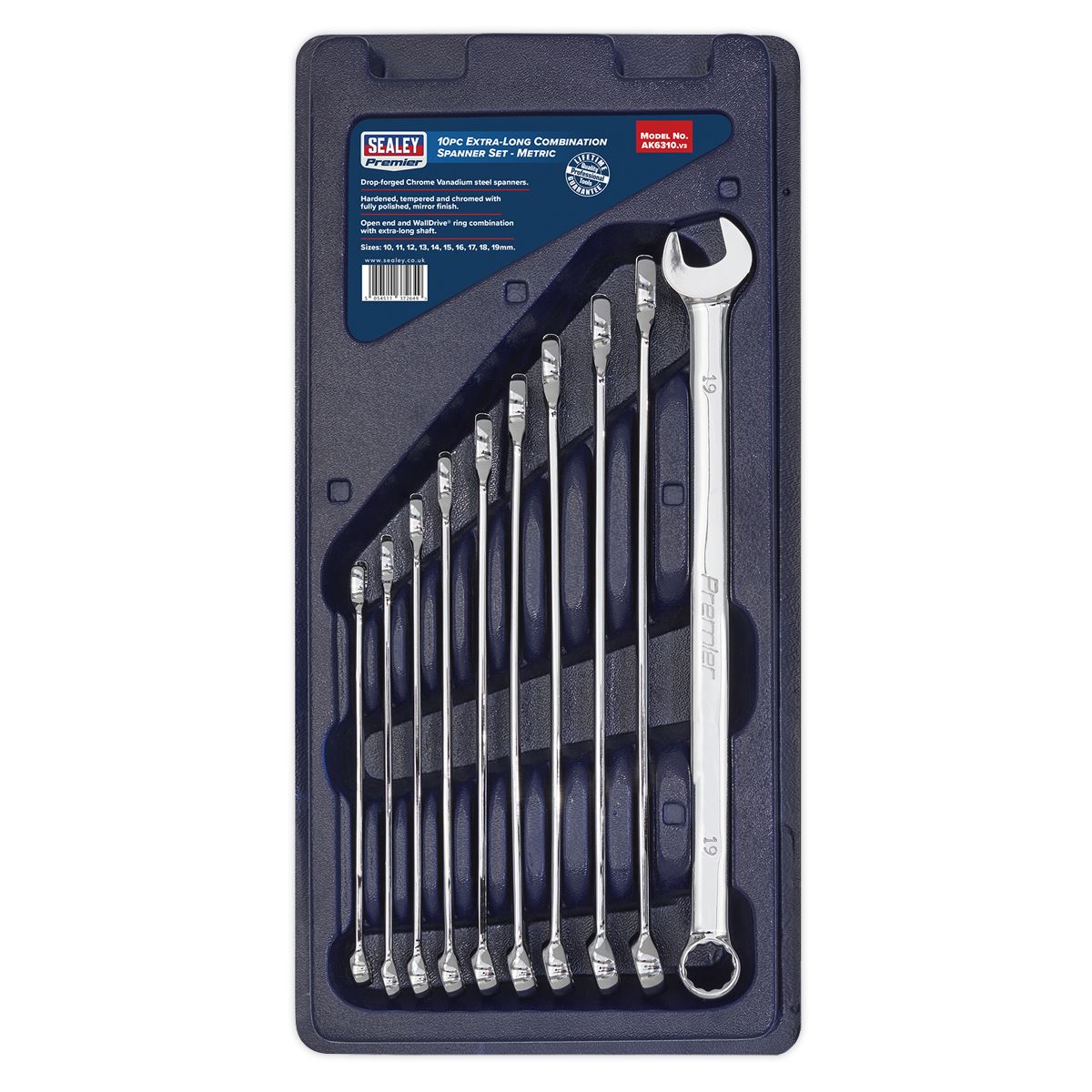 Sealey AK6310 Combination Spanner Set 10pc Extra-Long Metric