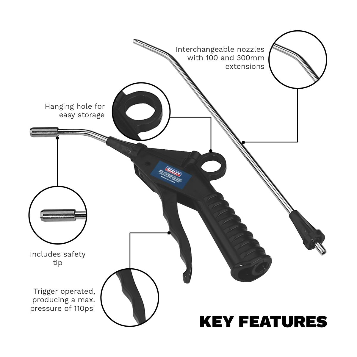 Sealey SA914 Air Blow Gun Kit 4pc with 1/4"BSP Air Inlet & Safety Nozzle