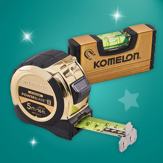 Komelon 5m Powerblade II Gold Tape Measure with Free Mini Level