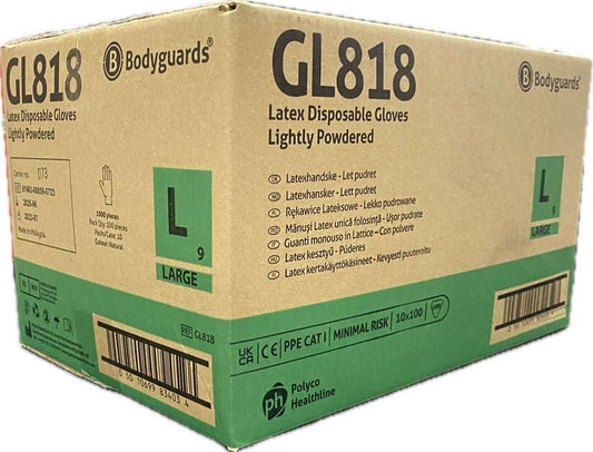 10 Boxes 1000 Bodyguards GL818 Latex Disposable Gloves Size Large - McCormickTools