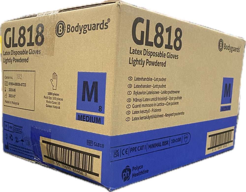10 Boxes 1000 Bodyguards GL818 Latex Disposable Gloves Size Medium - McCormickTools