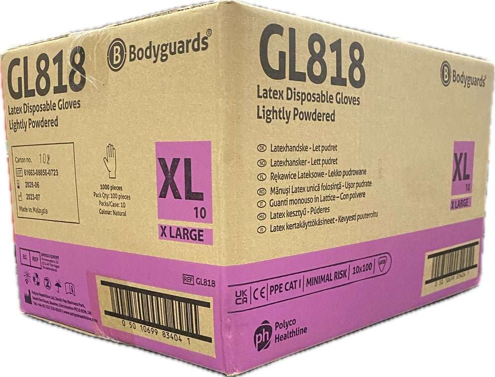 10 Boxes 1000 Bodyguards GL818 Latex Disposable Gloves Size XL - McCormickTools
