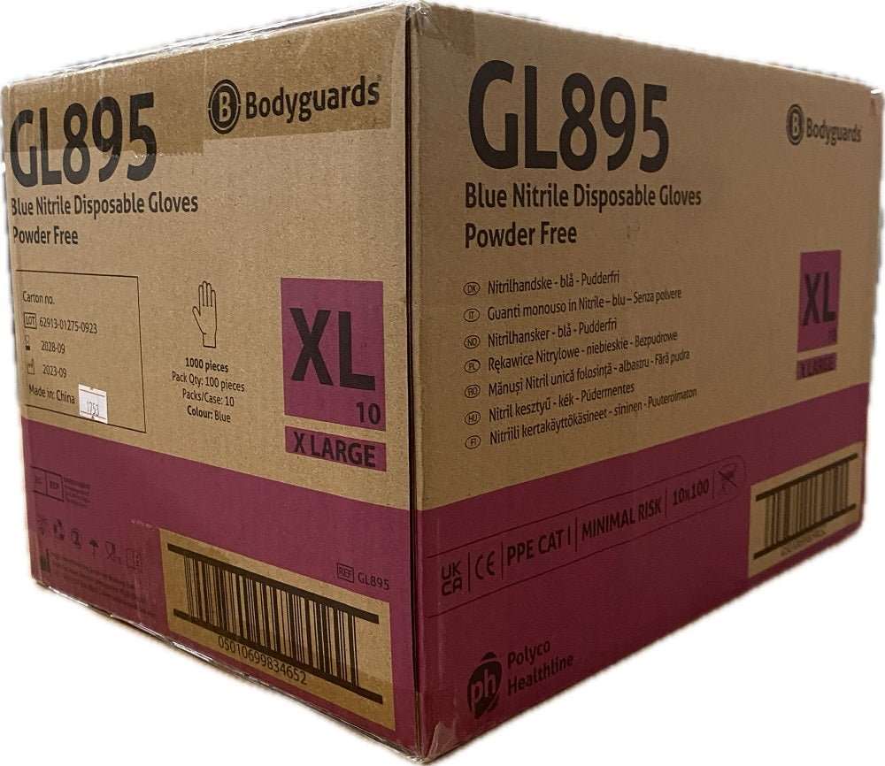 10 Boxes 1000 Bodyguards GL895 Blue Nitrile Disposable Gloves XL