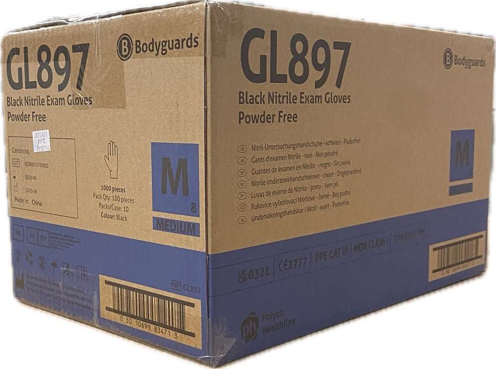 10 Boxes 1000 Bodyguards GL897 Black Nitrile Disposable Gloves Medium - McCormickTools