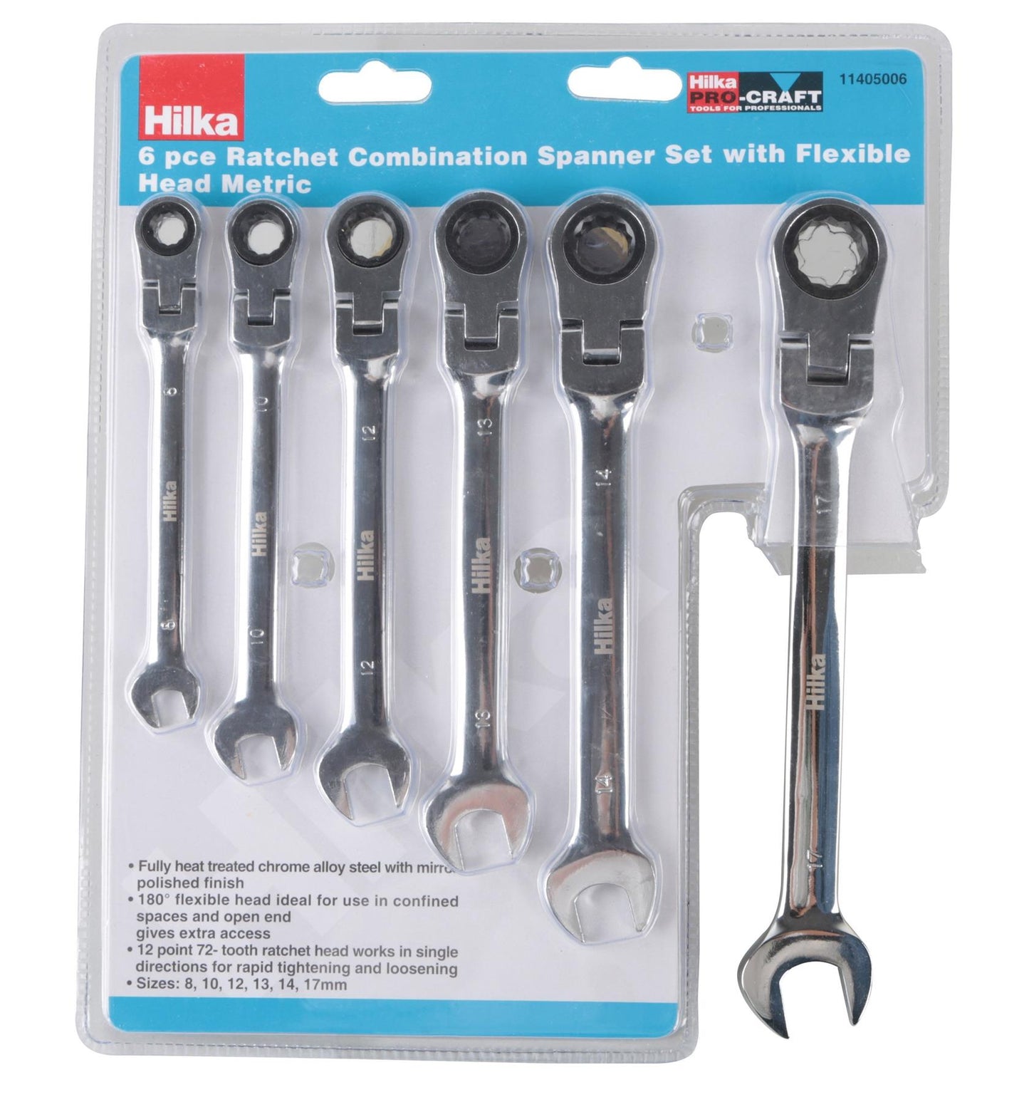 Hilka Ratchet Combination Spanner Set With Flexible Head Metric 6 Piece Set 11405006