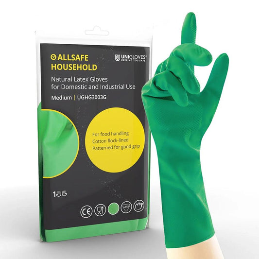 12 Pairs AllSAFE Green Latex Household Rubber Gloves Medium - McCormickTools