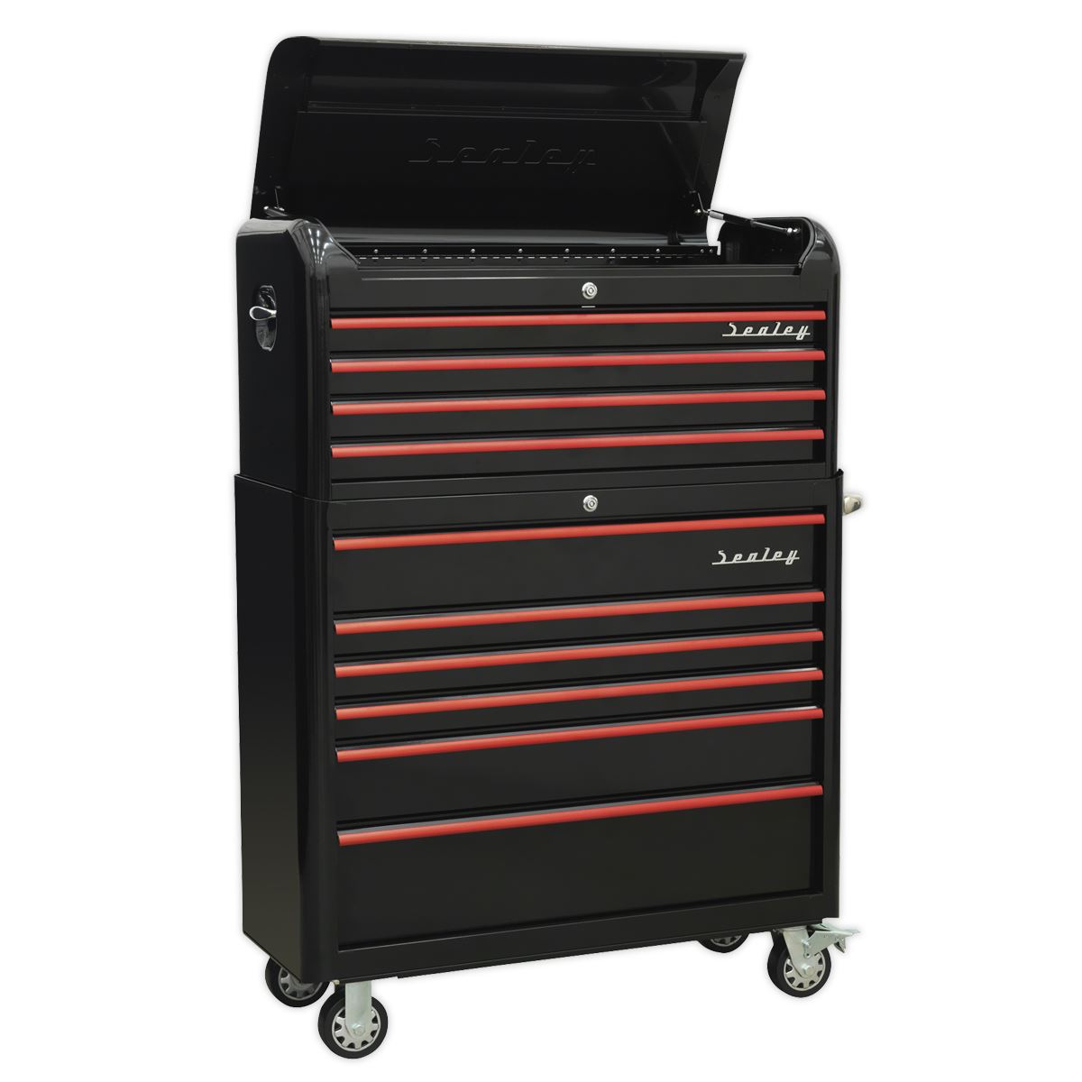 Sealey AP41COMBOBR Retro Style Wide Topchest & Rollcab Combination 10 Drawer-Black with Red Anodised Drawer Pulls