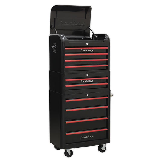 Sealey AP28COMBO2BR Retro Style Topchest Mid-Box Tool Chest & Rollcab Combination 10 Drawer - Black with Red Anodised Drawer Pulls