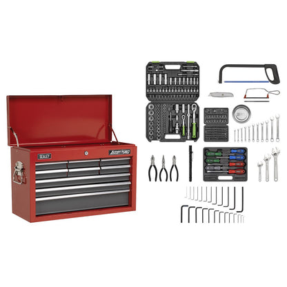 Sealey AP22509BBCOMB Topchest 9 Drawer with Ball-Bearing Slides - Red/Grey & 205pc Tool Kit