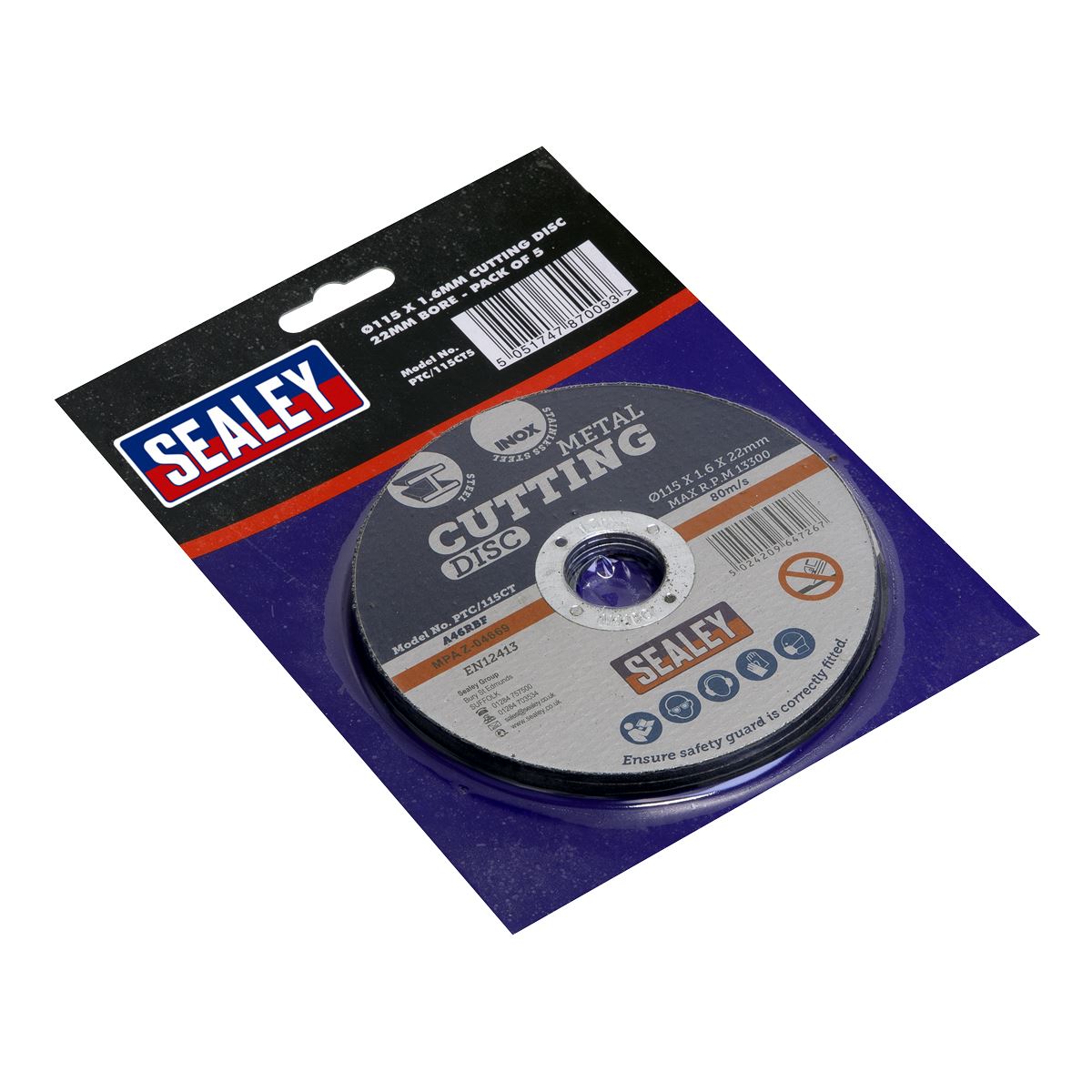 Sealey PTC/115CT5 Cutting Disc Ø115 x 1.6mm Ø22mm Bore Pack of 5