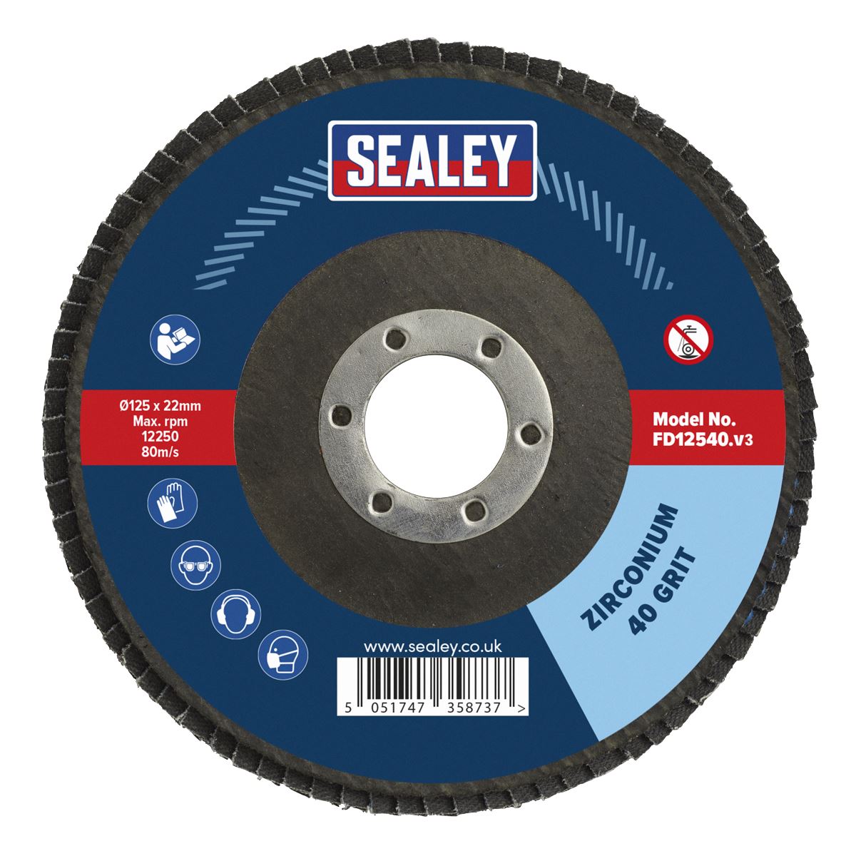 Sealey FD12540 Flap Disc Zirconium Ø125mm Ø22mm Bore 40Grit