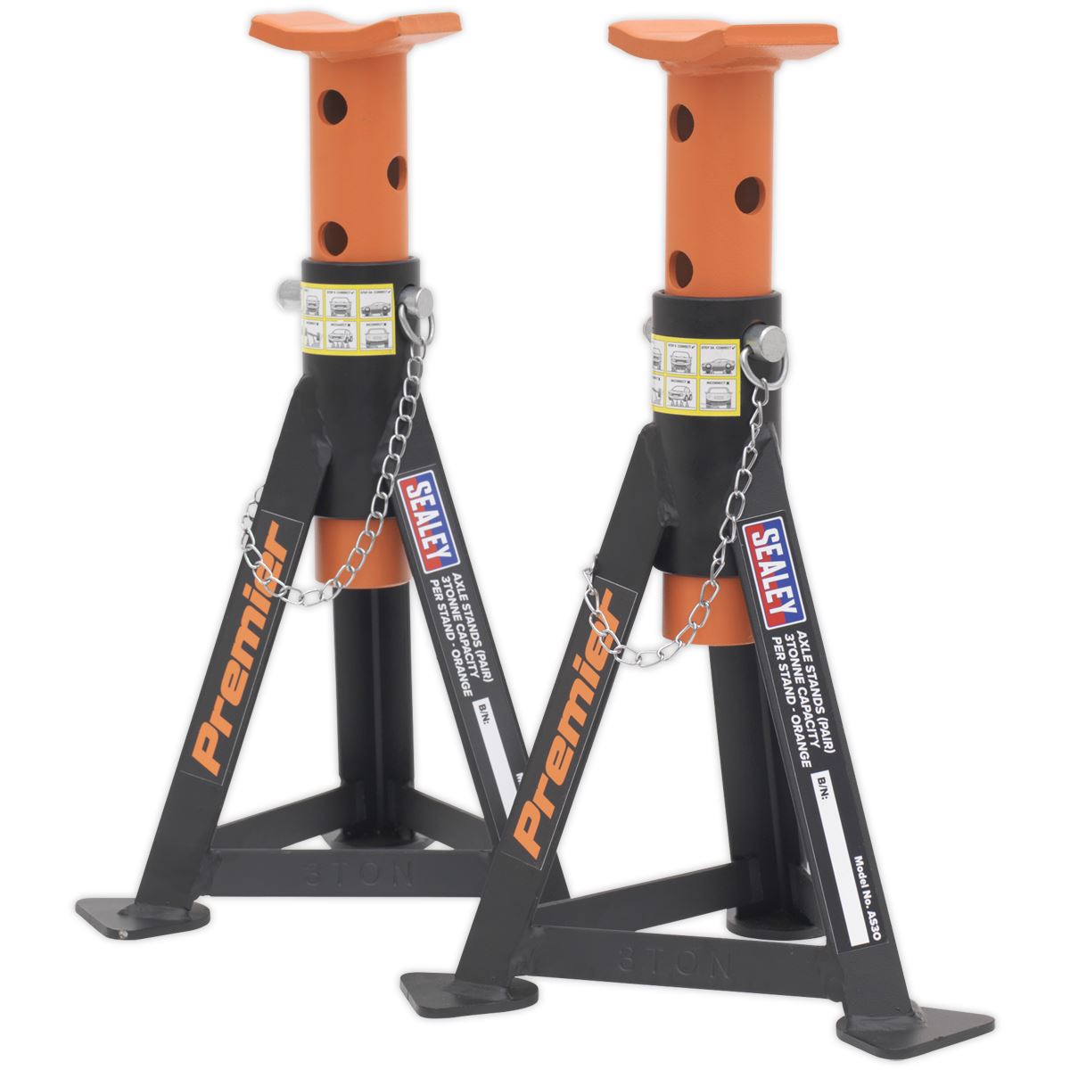 Sealey AS3O Premier Axle Stands (Pair) 3 Tonne Capacity per Stand - Orange