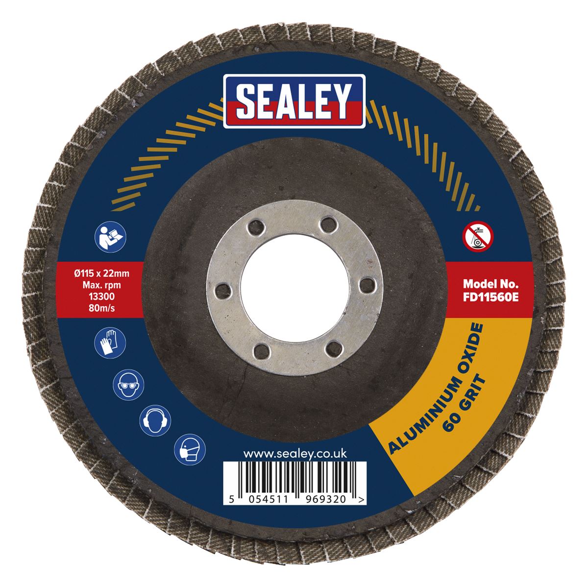 Sealey FD11560E10 60Grit Flap Discs Aluminium Oxide Ø115mm Ø22mm Bore - Pack of 10