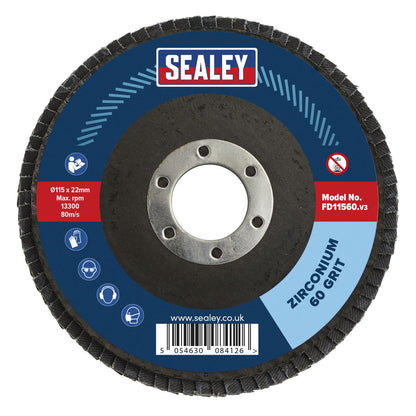 Sealey FD1156010 60Grit Flap Discs Zirconium Ø115mm Ø22mm Bore - Pack of 10