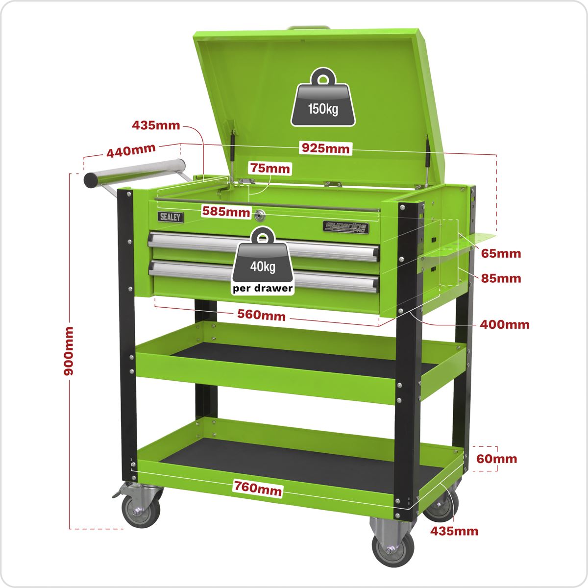 Sealey AP760MHV Heavy-Duty Mobile Tool & Parts Trolley 2 Drawers & Lockable Top - Green