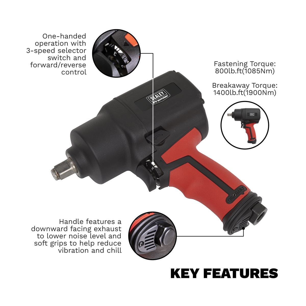 Sealey SA6002 Air Impact Wrench 1/2"Sq Drive Twin Hammer