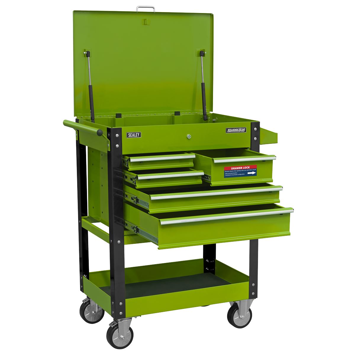 Sealey AP890MHV Heavy-Duty Mobile Tool & Parts Trolley with 5 Drawers and Lockable Top- Hi-Vis Green