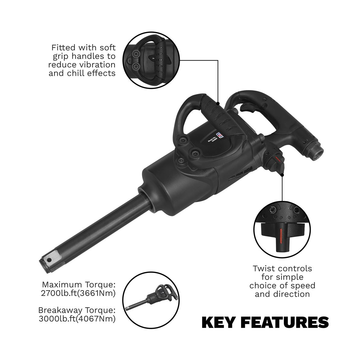 Sealey SA686 Air Impact Wrench 1"Sq Drive Twin Hammer