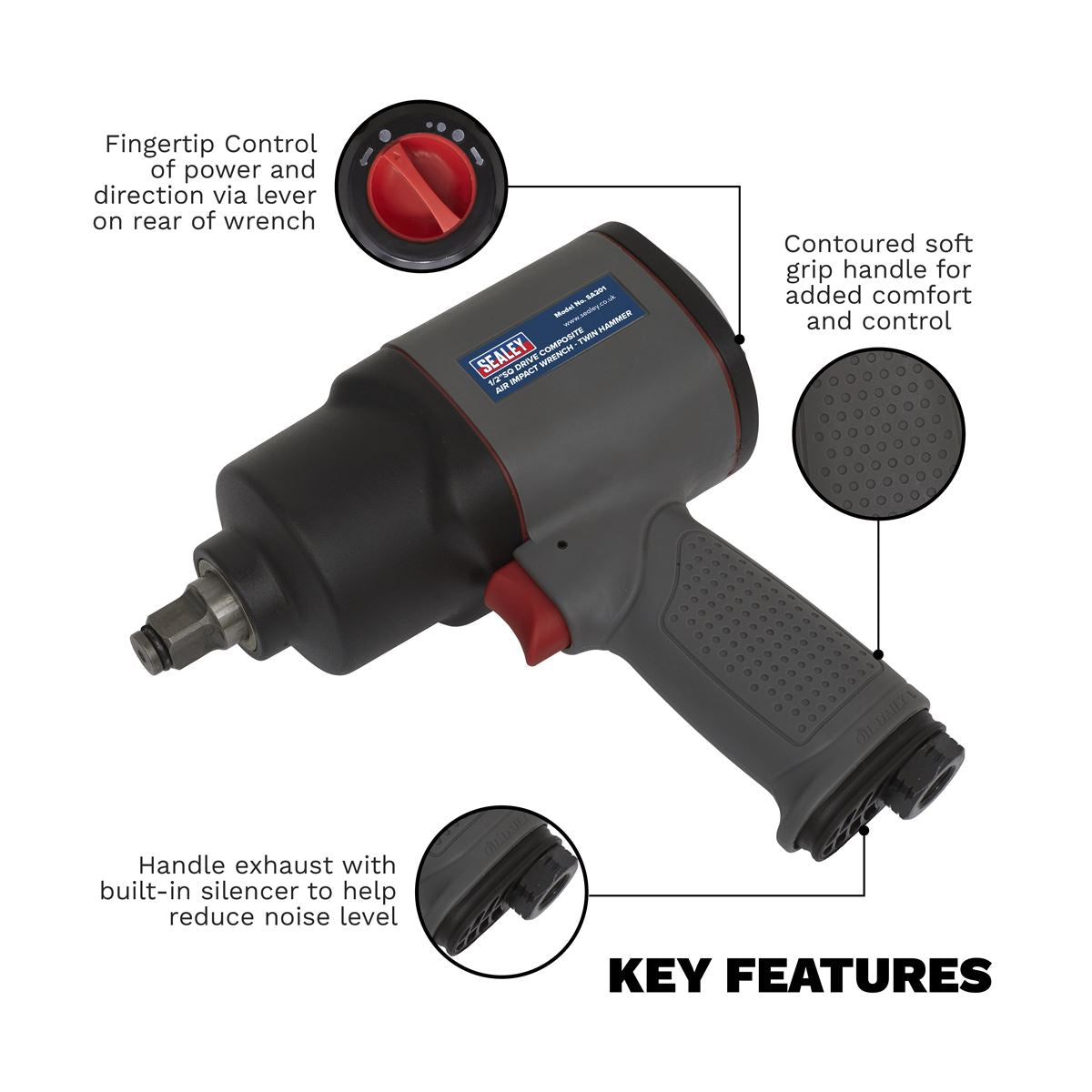 Sealey SA201 Air Impact Wrench 1/2"Sq Drive Composite - Twin Hammer