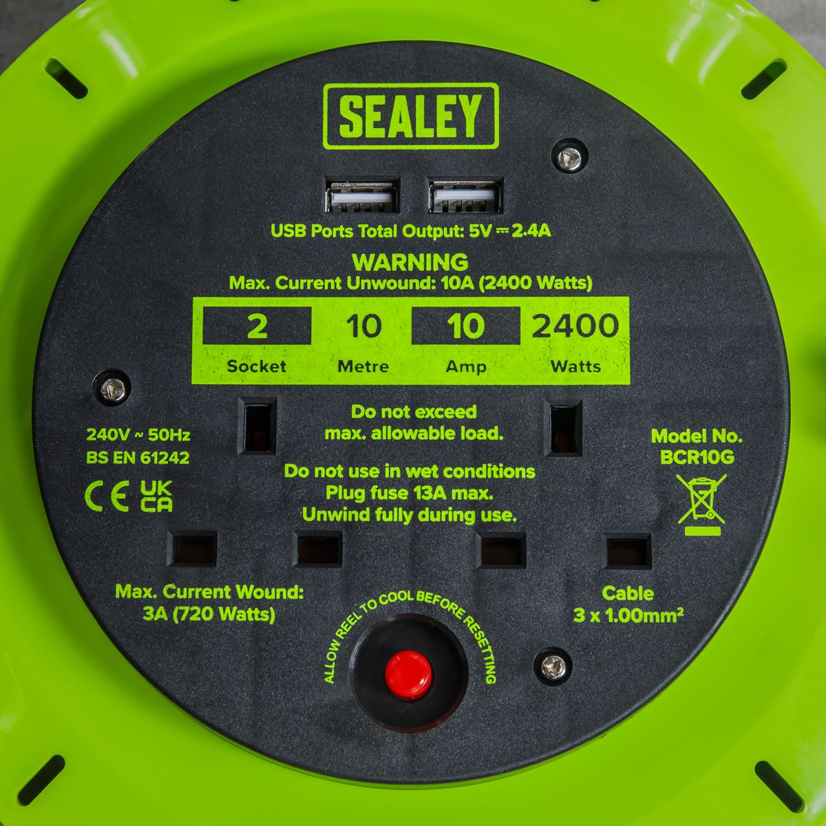 Sealey BCR10G Cassette Type Cable Reel Green with Thermal Trip 2 x 230V and 2 x USB 10m