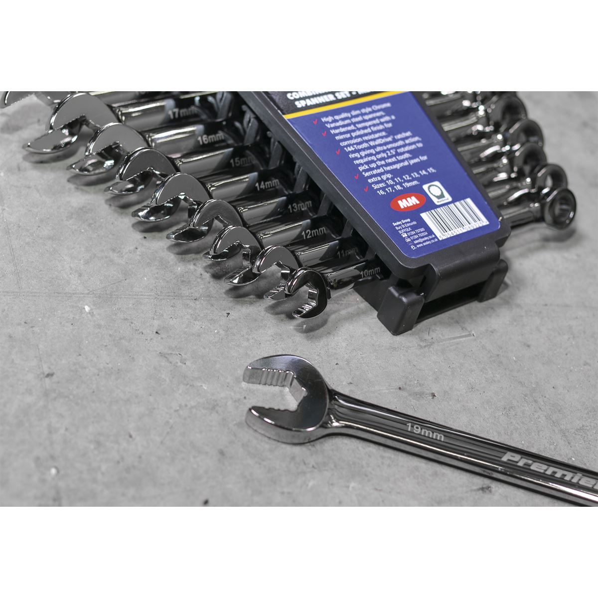 Sealey AK63914 Combination Ratchet Spanner Set 10pc Extra-Long Metric