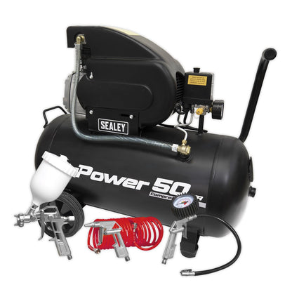 Sealey SAC5020APK Air Compressor 50L Direct Drive 2hp with 4pc Air Accessory Kit