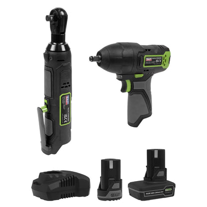 Sealey CP108VCOMBO6EU 2 x 10.8V SV10.8 Series Impact Wrench & Ratchet Wrench Kit - 2 Batteries & Euro Plug