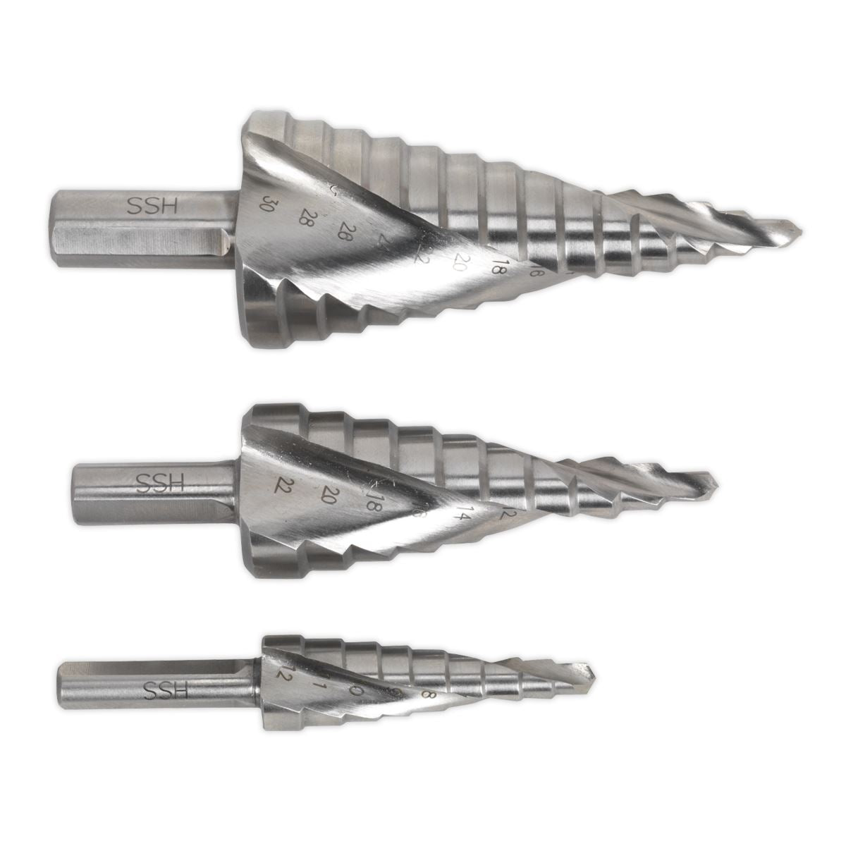 Sealey AK4743 HSS M2 Step Drill Bit Set 3pc Spiral Flute