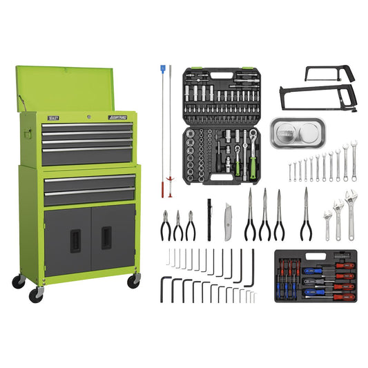 Sealey AP2200COMBOHV 6 Drawer Topchest & Rollcab Combination with Ball-Bearing Slides - Green/Grey & 170pc Tool Kit