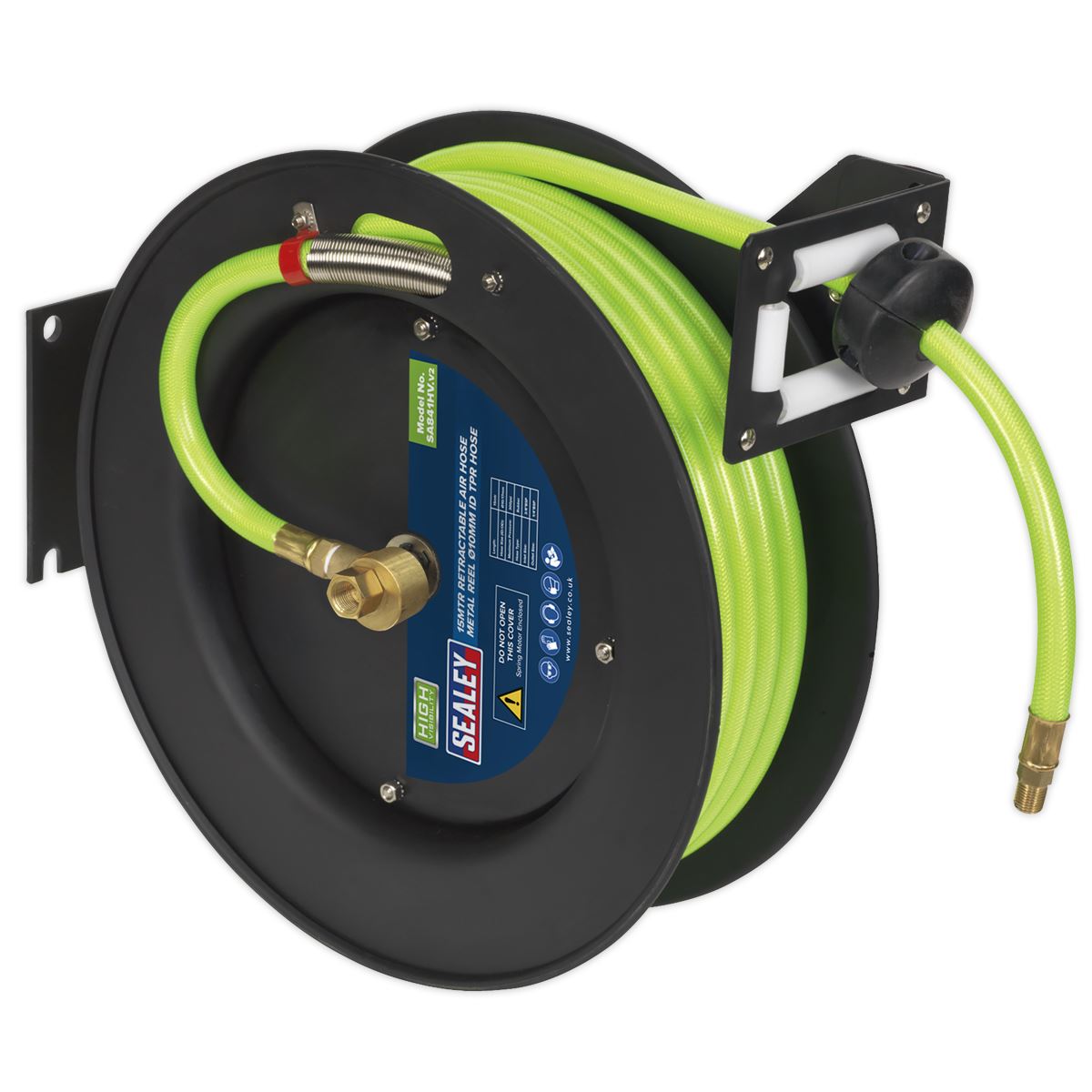 Sealey SA841HV Retractable Air Hose Metal Reel 15m Ø10mm ID High-Visibility TPR Hose