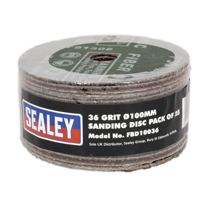 Sealey FBD10036 Sanding Disc Fibre Backed Ø100mm 36Grit Pack of 25