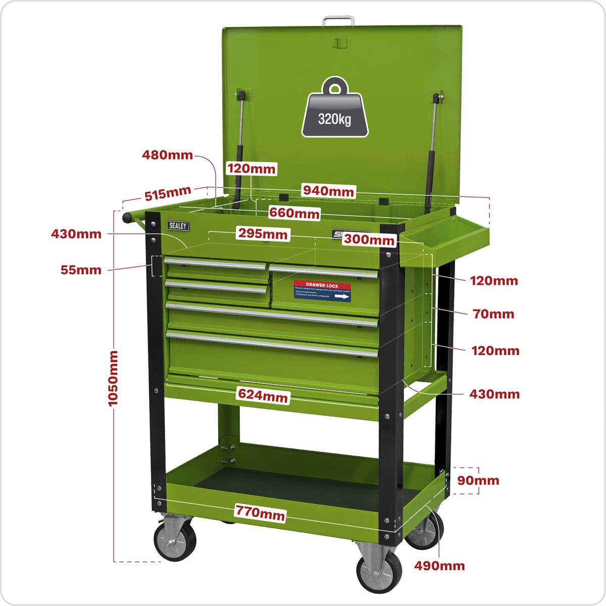 Sealey AP890MHV Heavy-Duty Mobile Tool & Parts Trolley with 5 Drawers and Lockable Top- Hi-Vis Green