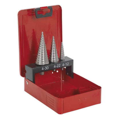 Sealey AK4733 HSS M2 Step Drill Bit Set 3pc Double Flute