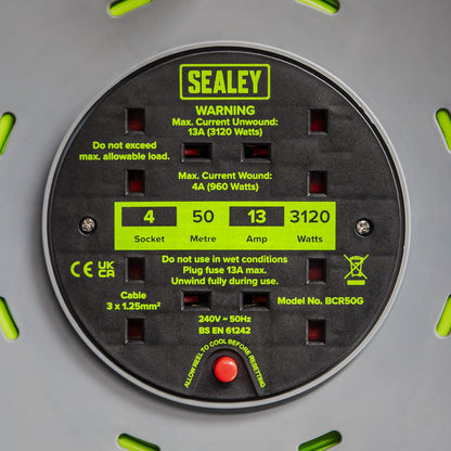 Sealey BCR50G Cable Reel with Thermal Trip 4 x 230V Sockets 50m - Green