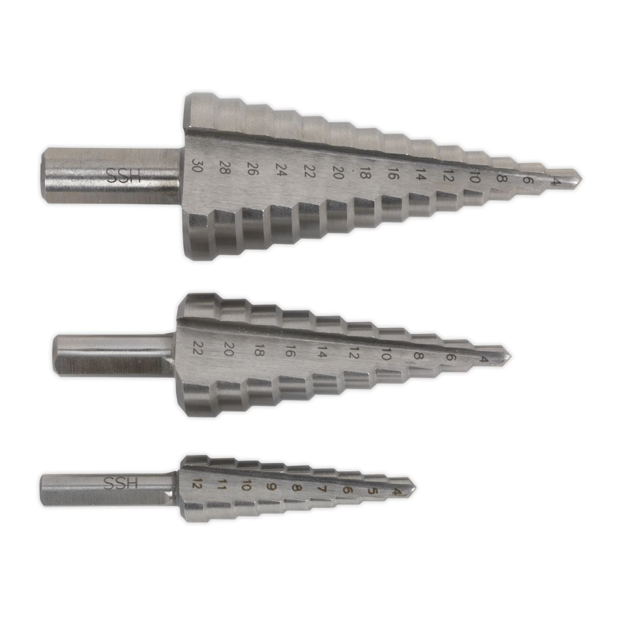 Sealey AK4746 HSS 4341 Step Drill Bit Set 3pc Double Flute