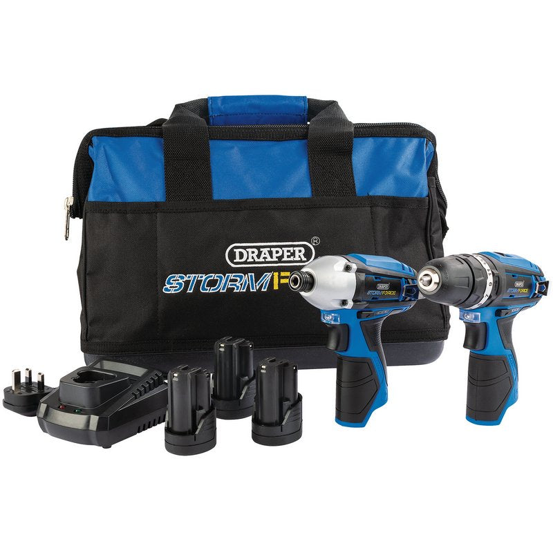 Draper 52046 Draper Storm Force® 10.8V Power Interchange Drill and Driver Twin Kit +3 x 1.5Ah Batteries Charger and Bag