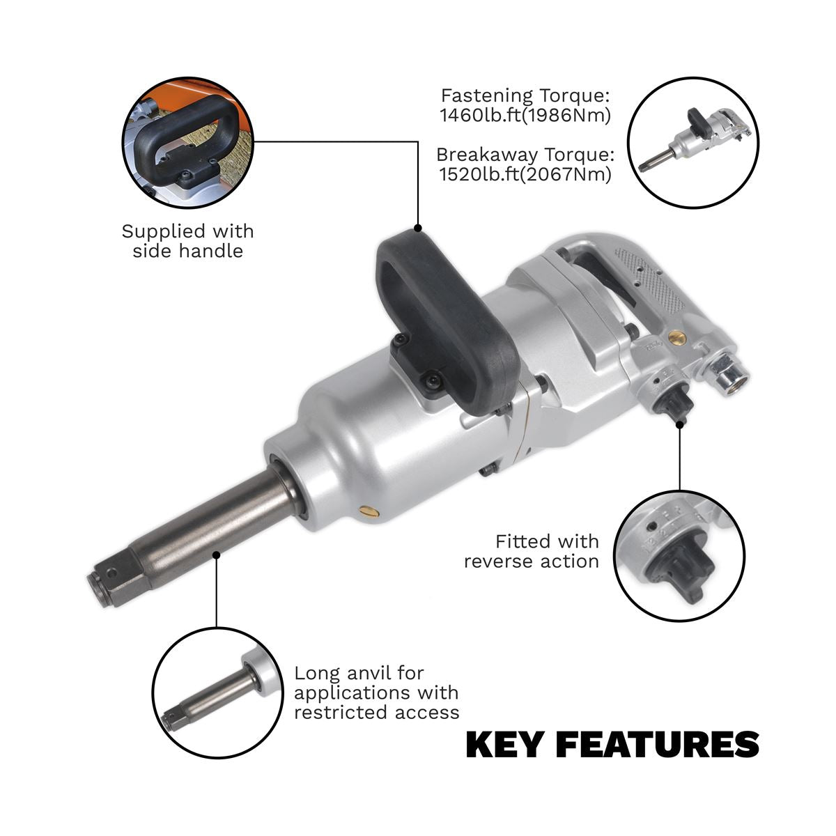 Sealey SA29/S Air Impact Wrench 1"Sq Drive Straight Long Anvil