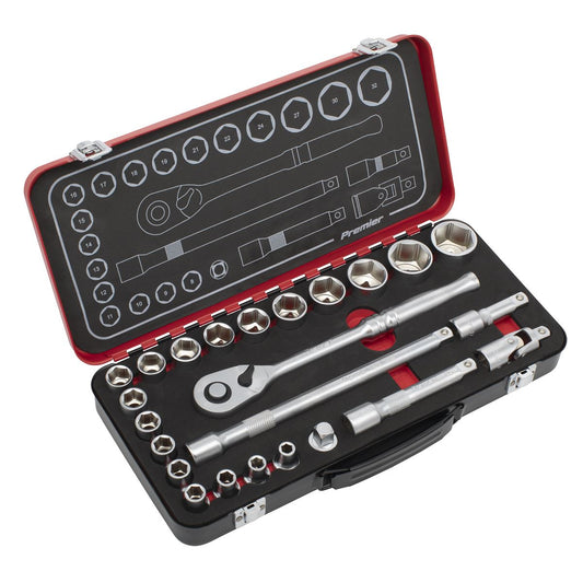 Sealey AK7924 Socket Set 1/2"Sq Drive 24pc -  Premier Platinum