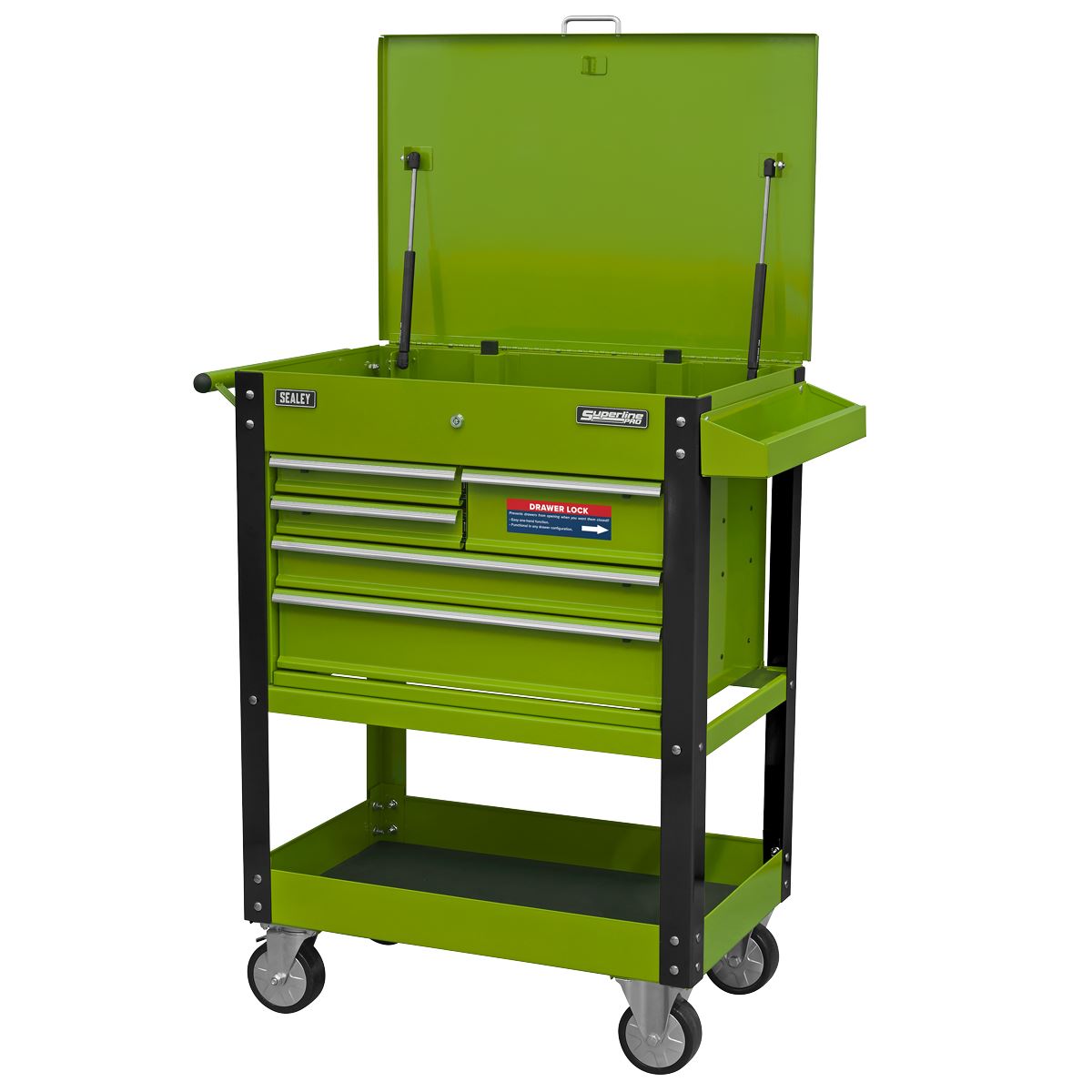 Sealey AP890MHV Heavy-Duty Mobile Tool & Parts Trolley with 5 Drawers and Lockable Top- Hi-Vis Green