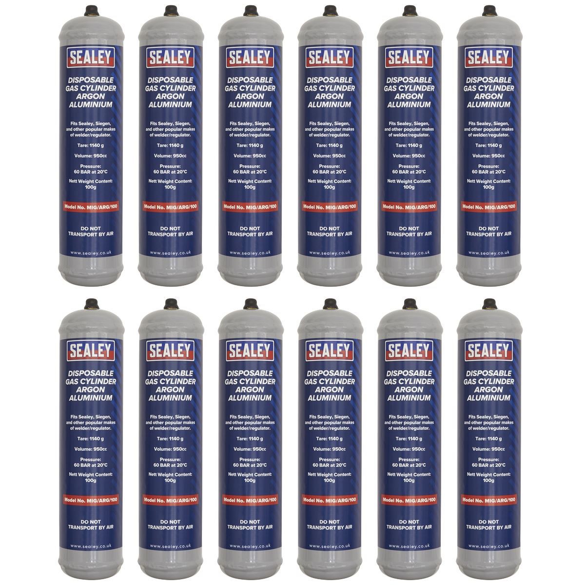 Sealey MIG/ARG/100/12 Gas Cylinder Disposable Argon 100g - Box of 12