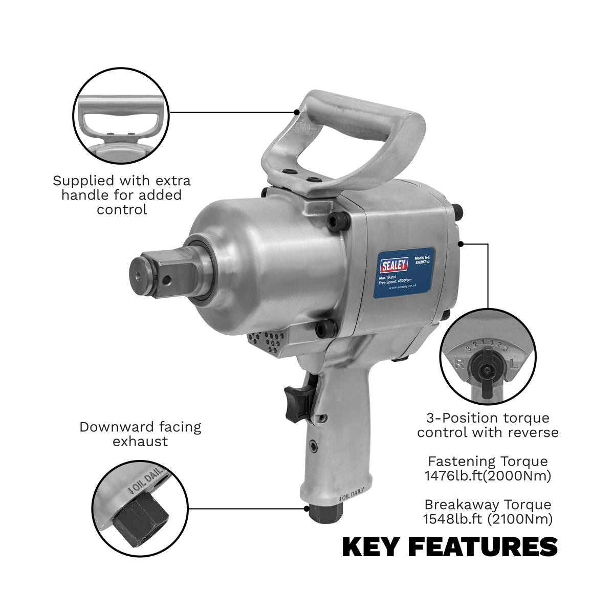 Sealey SA297 Air Impact Wrench 1"Sq Drive Pistol Type - Twin Hammer