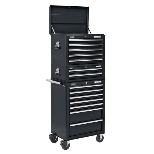 Sealey APSTACKTB Topchest Mid-Box Tool Chest & Rollcab Combination 14 Drawer with Ball-Bearing Slides - Black