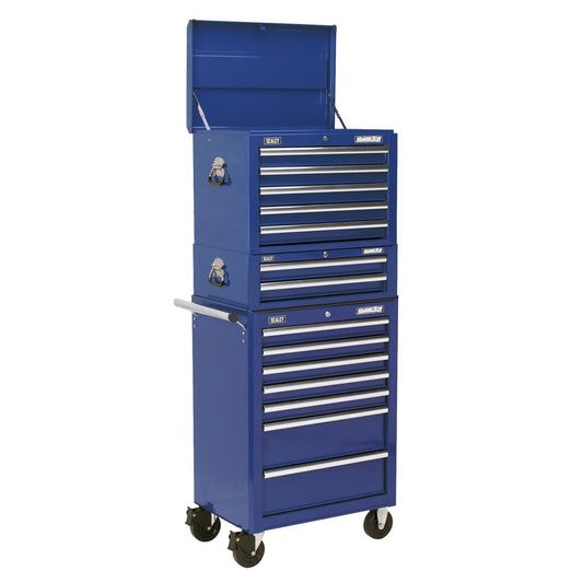 Sealey APSTACKTC Topchest Mid-Box Tool Chest & Rollcab Combination 14 Drawer with Ball-Bearing Slides - Blue