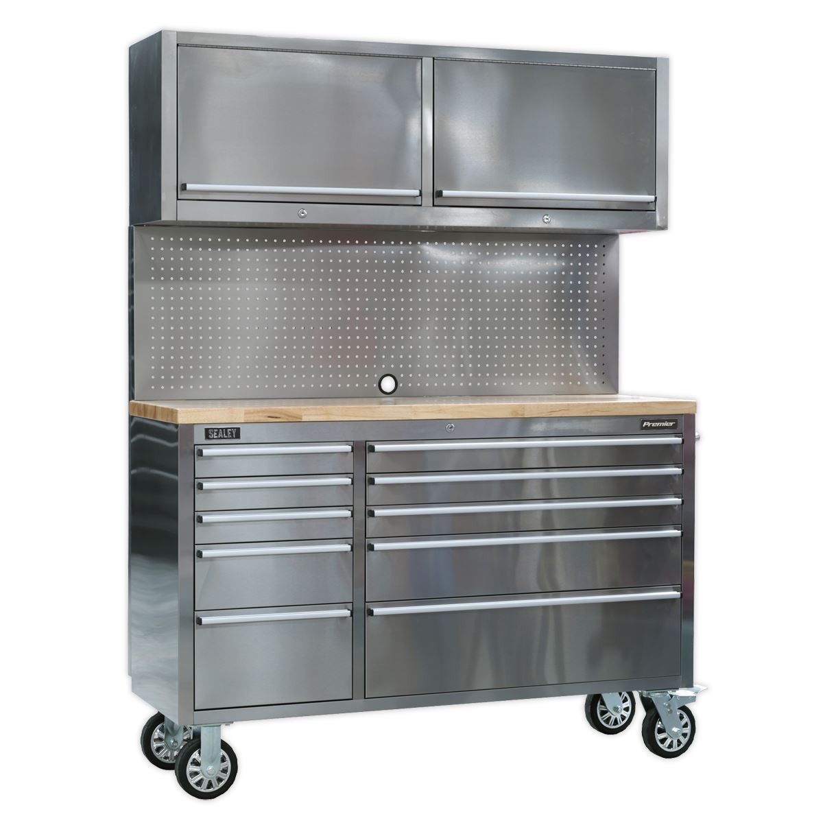 Sealey AP5520SS Mobile Stainless Steel Tool Cabinet 10 Drawer with Backboard & 2 Wall Cupboards