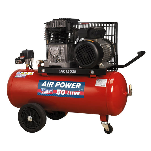 Sealey SAC1503B Air Compressor 50L Belt Drive 3hp with Cast Cylinders & Wheels