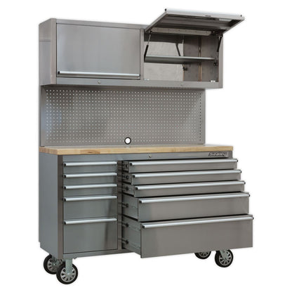 Sealey AP5520SS Mobile Stainless Steel Tool Cabinet 10 Drawer with Backboard & 2 Wall Cupboards