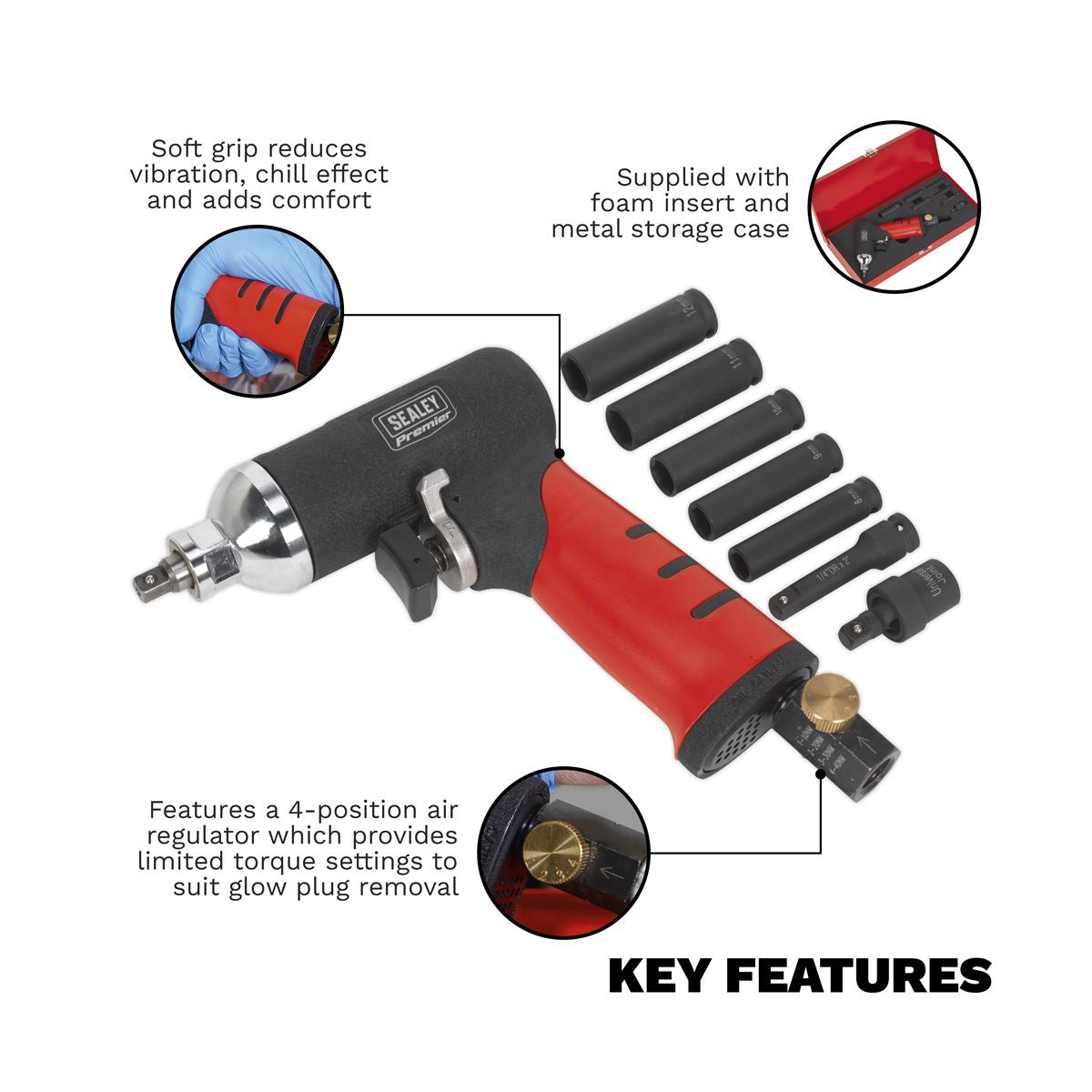 Sealey SA141 Air Impact Wrench 1/4"Sq Drive Diesel Glow Plug Kit