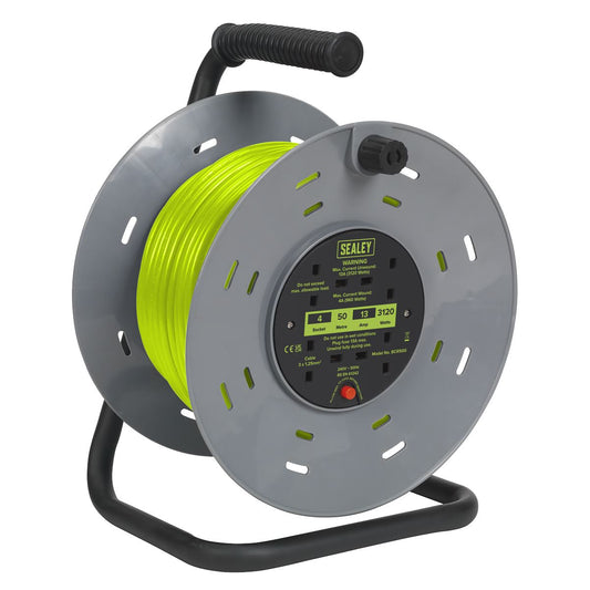 Sealey BCR50G Cable Reel with Thermal Trip 4 x 230V Sockets 50m - Green